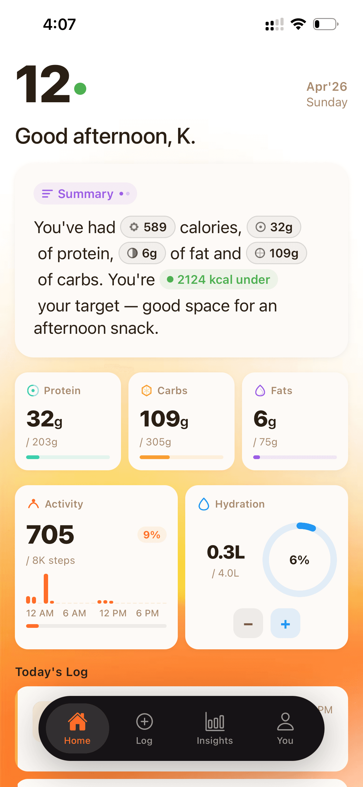 Calofy AI iPhone dashboard with calories, macros, hydration, activity, and daily log
