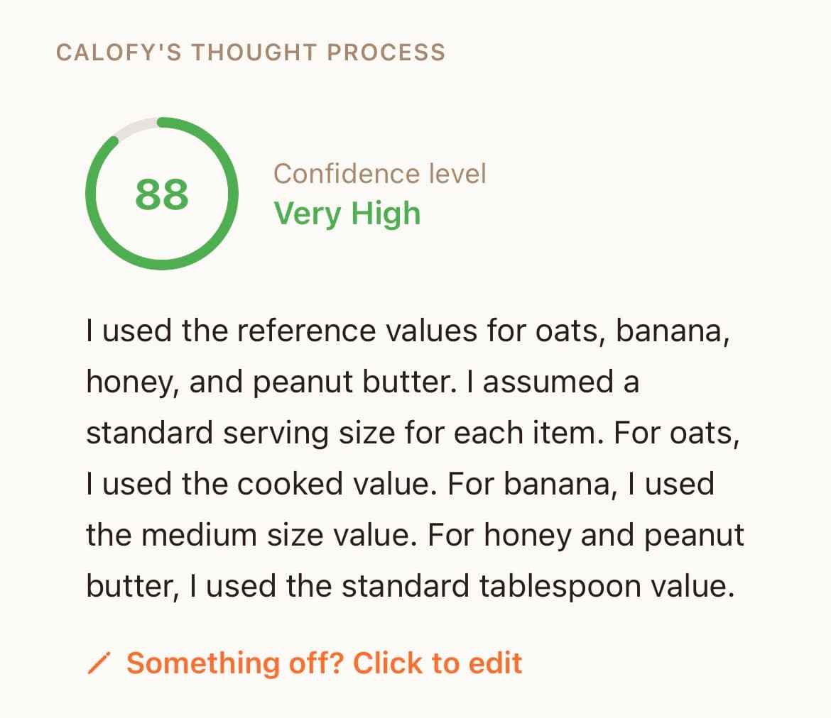 Calofy AI confidence score and reasoning explanation for a meal estimate