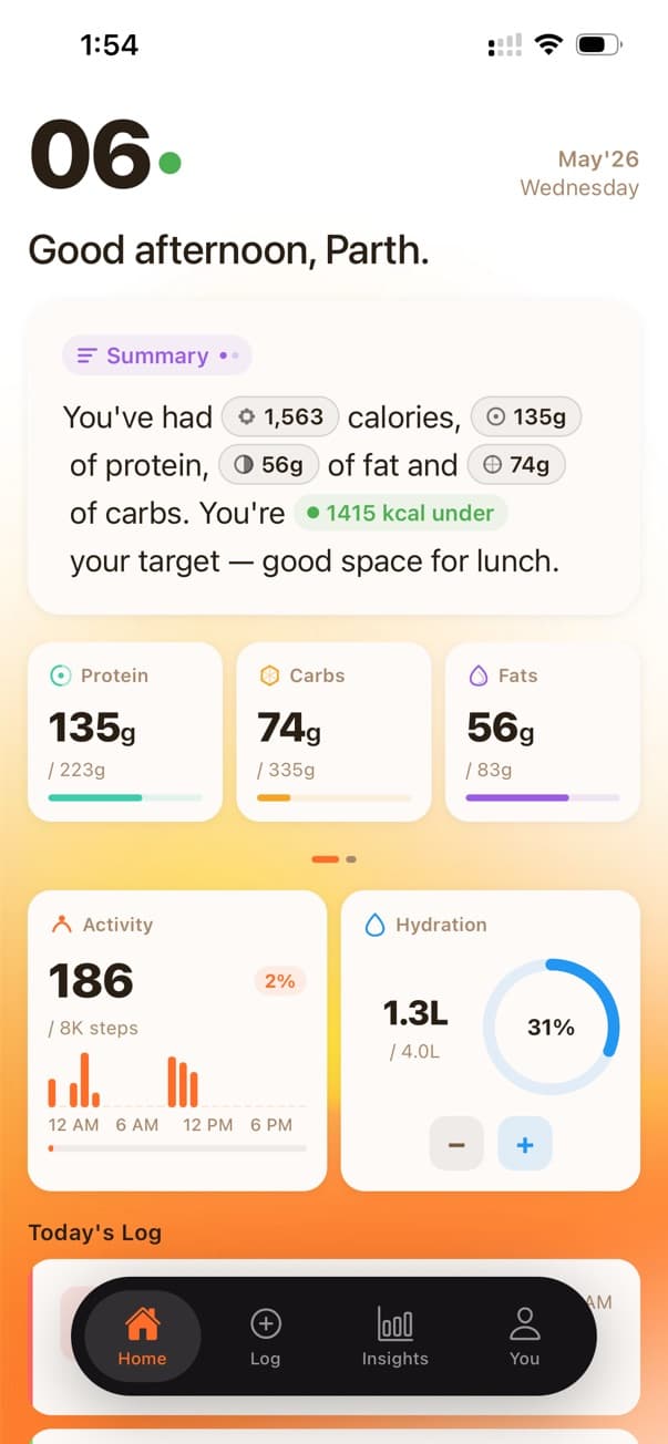 Calofy AI home dashboard with calories, protein, carbs, fats, activity, hydration, and daily summary