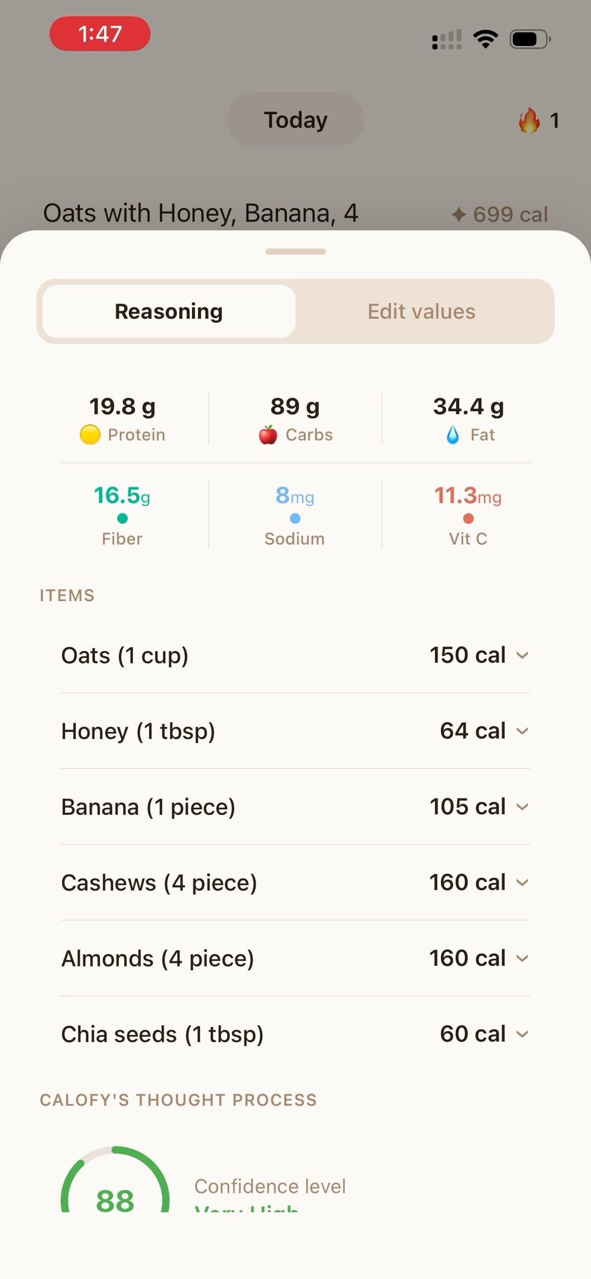Calofy AI nutrition details screen with itemized calories, macros, fiber, sodium, and vitamin C